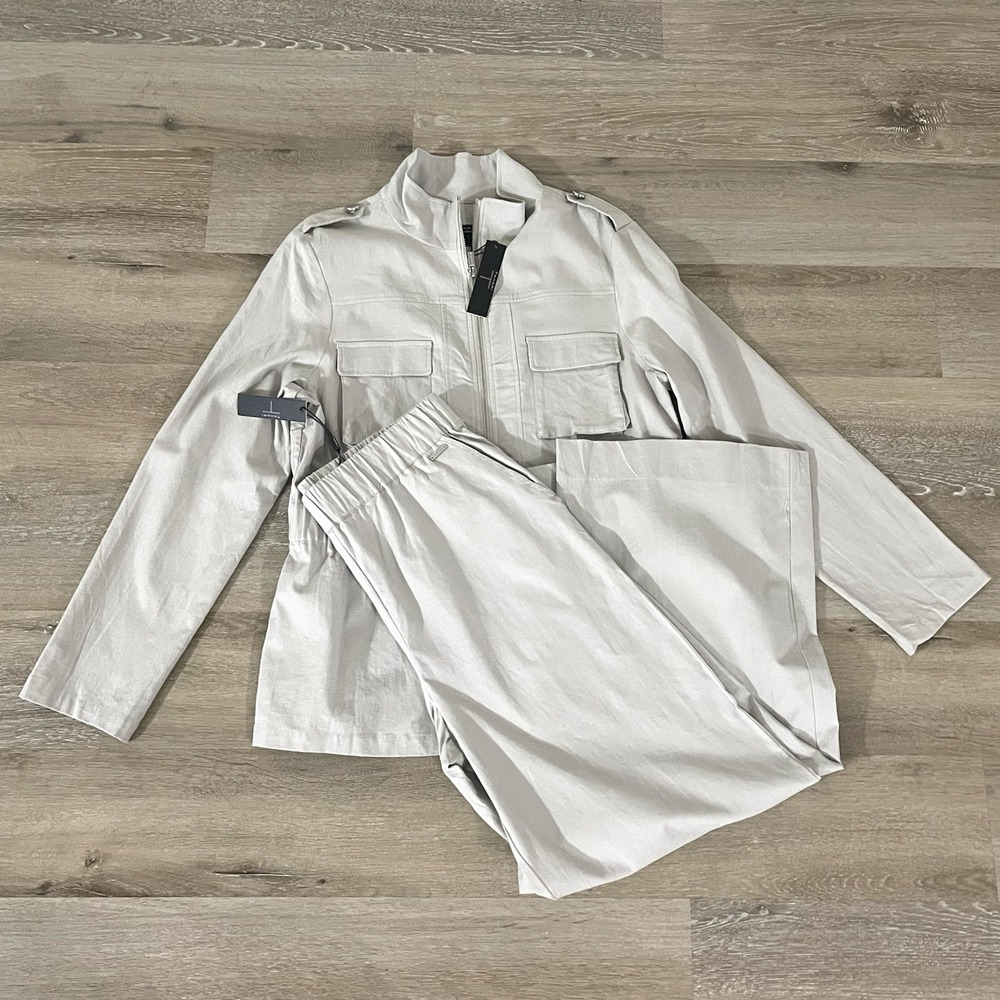 Tahari Light Gray Utility Jacket & Wide-Leg Trousers Set